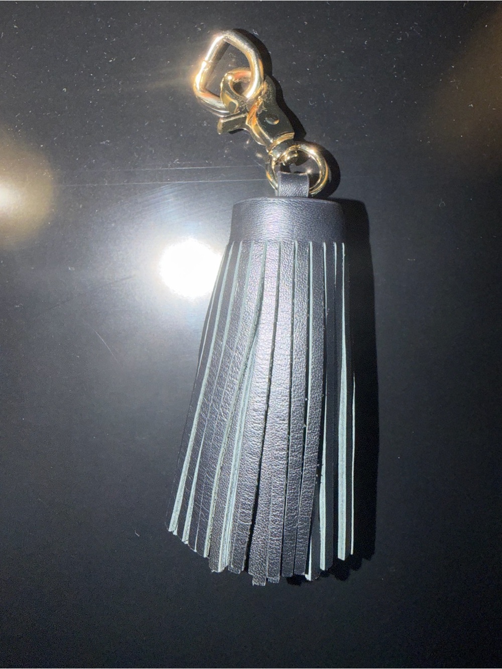 Black Leather Tassel Keychain with Gold Hardware